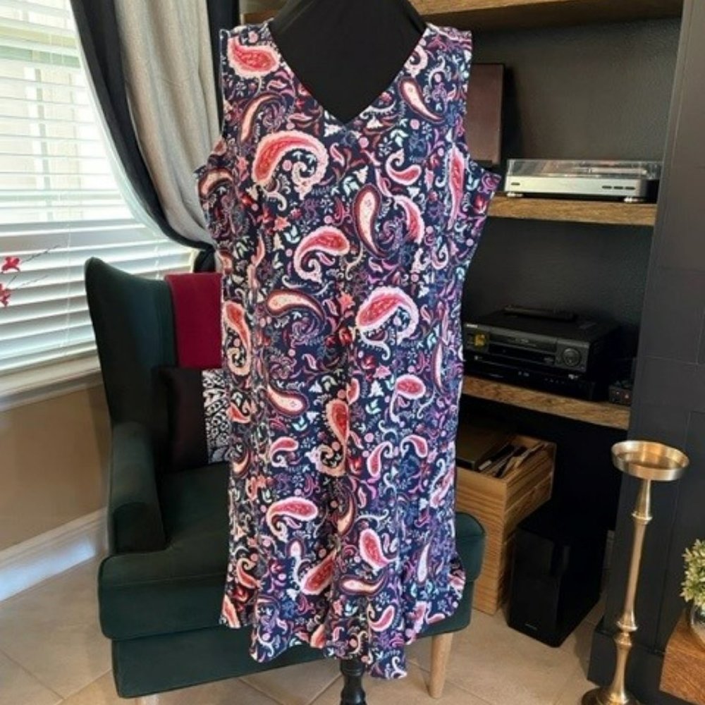 2X Talbots faux surplice sheath dress with ruffle bottom, stretch knit paisley